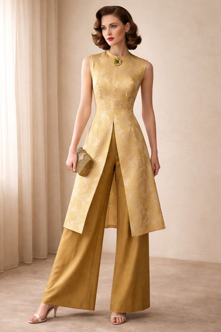 Vintage 50's Gold Brocade Tunic Hostess Top Oriental Theme With Gold Tone Brooch